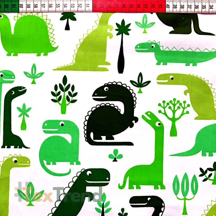 Baumwolle 100% Dinosaurier grün auf weißem Hintergrund  