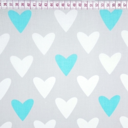 Baumwolle 100% Herzen weiß-blau auf grauem Hintergrund  
