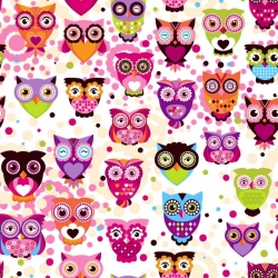 Baumwolle 100% große Eulen rosa-grün auf weißem Hintergrund  