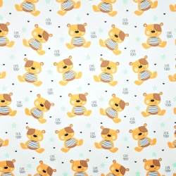 Baumwolle 100% Beige TEDDY Bären mit mintfarbenen Sternen auf weißem Hintergrund  