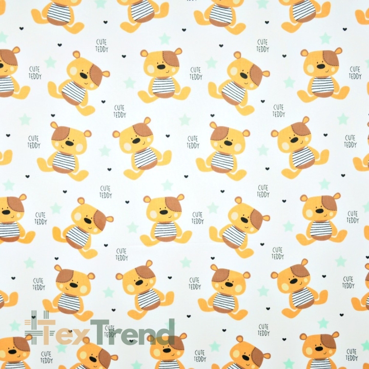 Baumwolle 100% Beige TEDDY Bären mit mintfarbenen Sternen auf weißem Hintergrund  