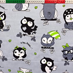 Baumwolle 100% Eulen verrückt mit grün auf grauem Hintergrund  