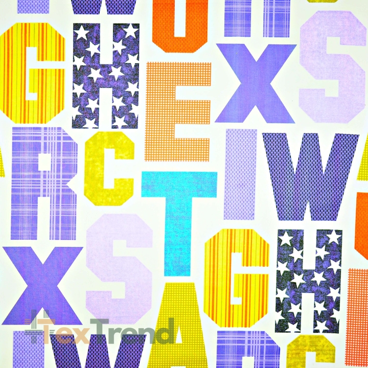 Baumwolle 100% Buchstaben bunt auf weißem Hintergrund  