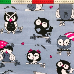 Baumwolle 100% Eulen verrückt mit rosa auf grauem Hintergrund  