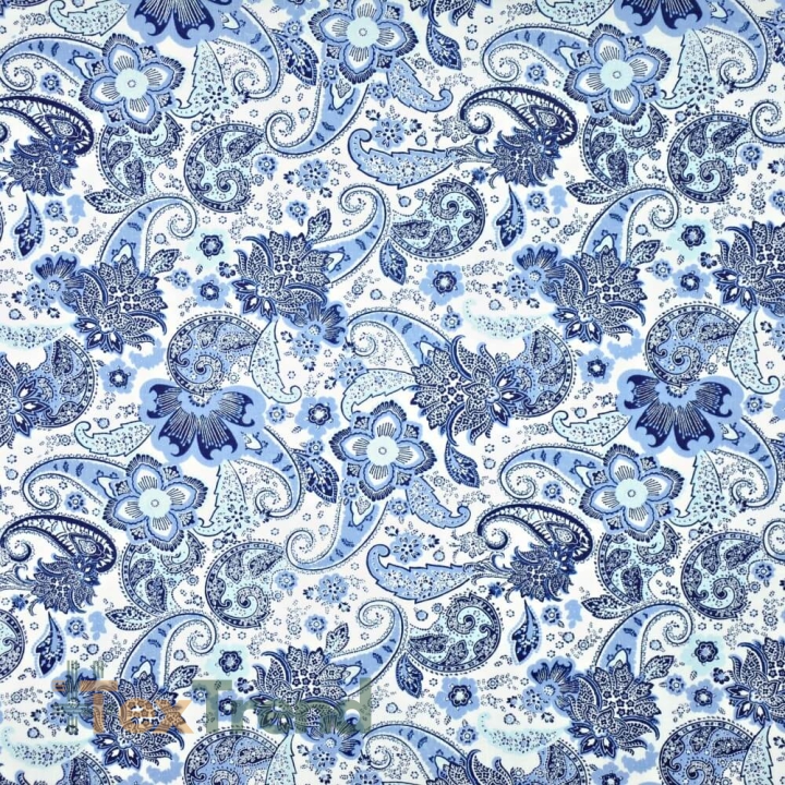 Baumwolle 100% türkische Blumen blau auf weißem Hintergrund  