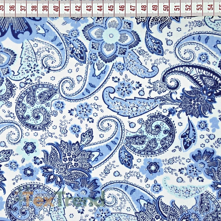 Baumwolle 100% türkische Blumen blau auf weißem Hintergrund  