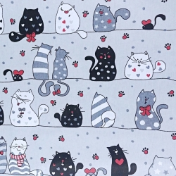 Baumwolle 100% Katzen verrückt in Streifen mit rot auf grauem Hintergrund  