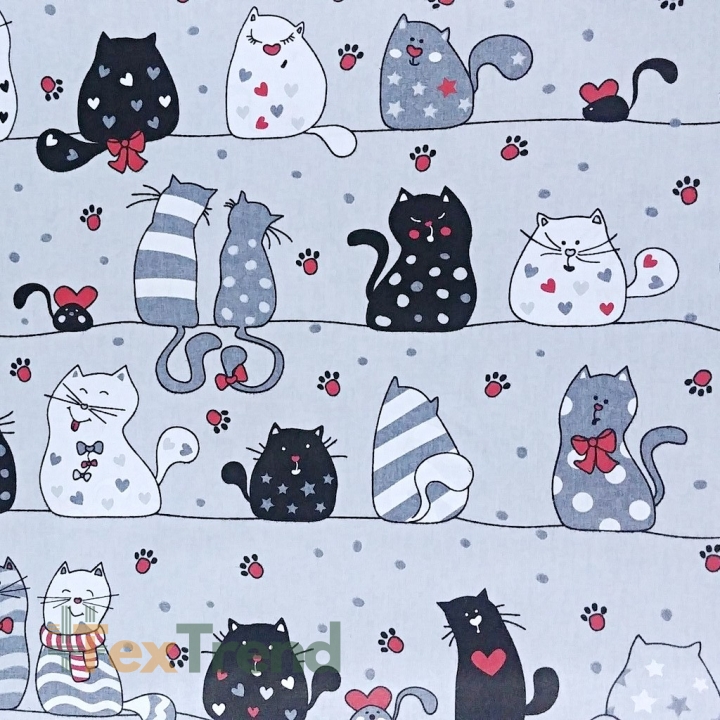 Baumwolle 100% Katzen verrückt in Streifen mit rot auf grauem Hintergrund  