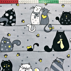 Baumwolle 100% Katzen verrückt in Streifen mit gelb auf grauem Hintergrund  