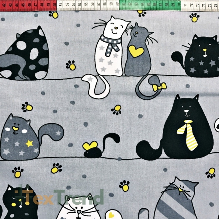 Baumwolle 100% Katzen verrückt in Streifen mit gelb auf grauem Hintergrund  