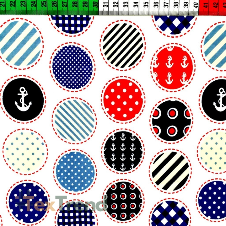 Baumwolle 100% maritimes Patchwork in Kreisen auf weißem Hintergrund  