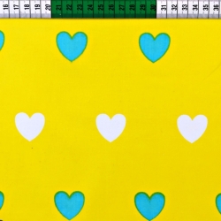 Baumwolle 100% Herzchen weiß-marine auf gelbem Hintergrund  