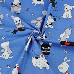 Baumwolle 100% Hunde verrückt auf blauem Hintergrund  