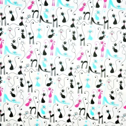 Baumwolle 100% Katzen Filemon rosa-blau auf weißem Hintergrund  