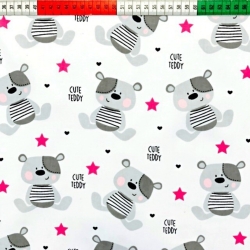 Baumwolle 100% Teddybären grau mit rosa Sternen auf weißem Hintergrund  