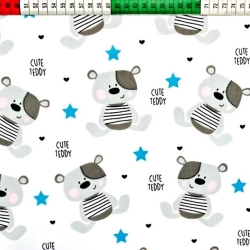 Baumwolle 100% Teddybären grau mit blauen Sternen auf weißem Hintergrund  