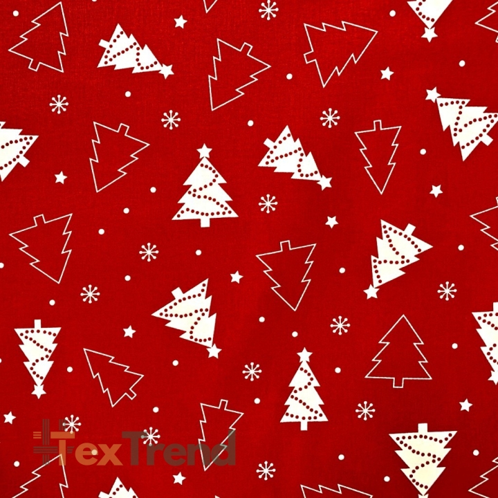 Baumwolle 100% Weihnachtsmuster Tannenbäume weiß auf rotem Hintergrund  