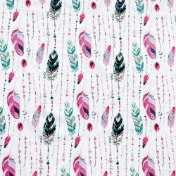 Baumwolle 100% Federn mit Perlen rosa-grün auf weißem Hintergrund  