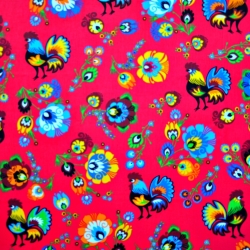 Baumwolle 100% Hähne Łowickie roter Hintergrund  