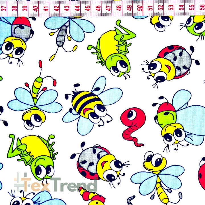 Baumwolle 100% bunte Insekten auf weißem Hintergrund  