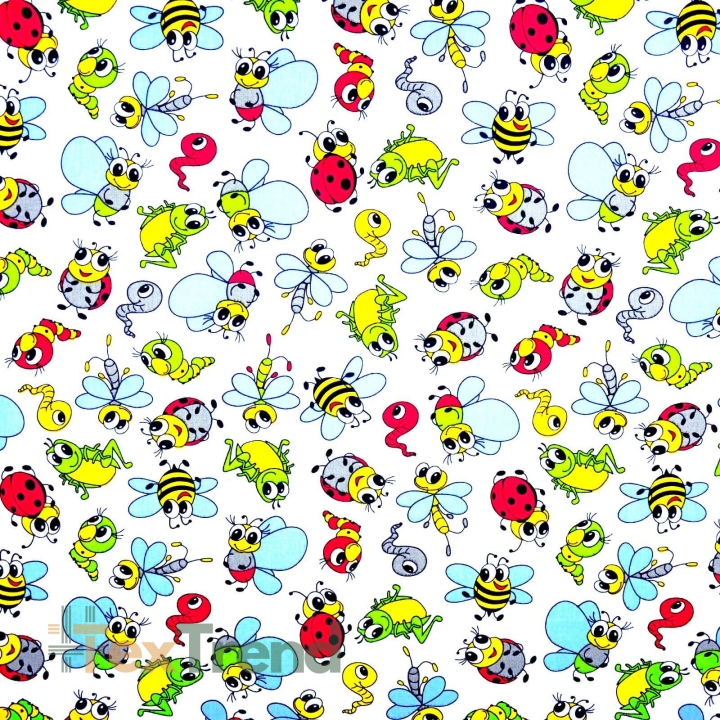 Baumwolle 100% bunte Insekten auf weißem Hintergrund  