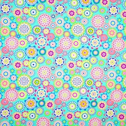 Baumwolle 100% Blumen bunt in Kreisen auf meerfarbenem Hintergrund  