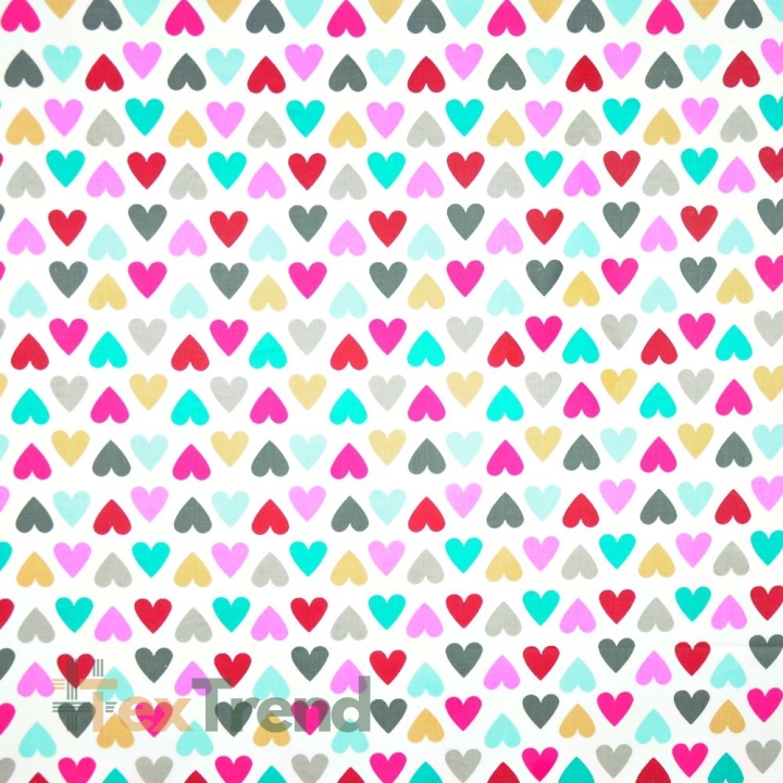 Baumwolle 100% Bunte Herzen auf weißem Hintergrund  