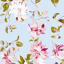 Baumwolle 100% Clematis Blumen auf hellblauem Hintergrund  