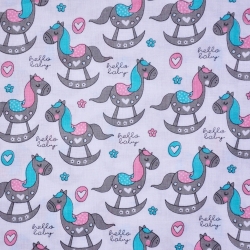 Baumwolle 100% Schaukelpferde grau-mint auf weißem Hintergrund  