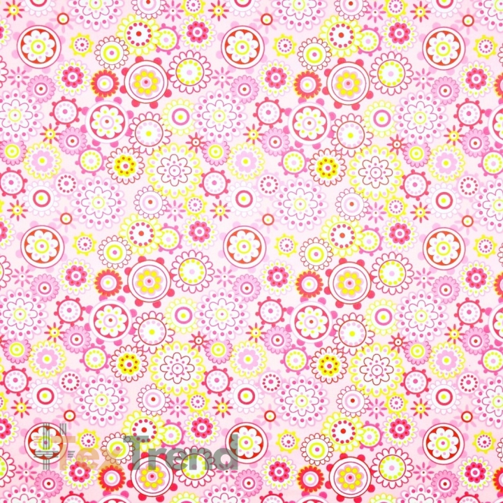 Baumwolle 100% Blumen bunt in Kreisen auf rosa Hintergrund  