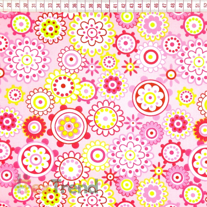 Baumwolle 100% Blumen bunt in Kreisen auf rosa Hintergrund  