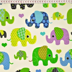 Baumwolle 100% Indische Elefanten Grün-Blau auf ecrufarbenem Hintergrund  