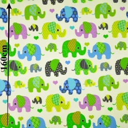 Baumwolle 100% Indische Elefanten Grün-Blau auf ecrufarbenem Hintergrund  