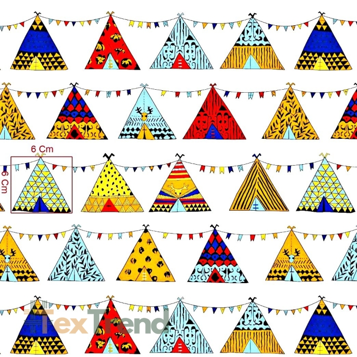 Baumwolle 100% bunte Indianerzelte auf weißem Hintergrund  
