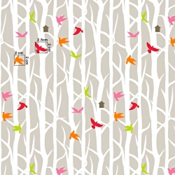 Baumwolle 100% Vögel auf Bäumen auf beige Hintergrund  