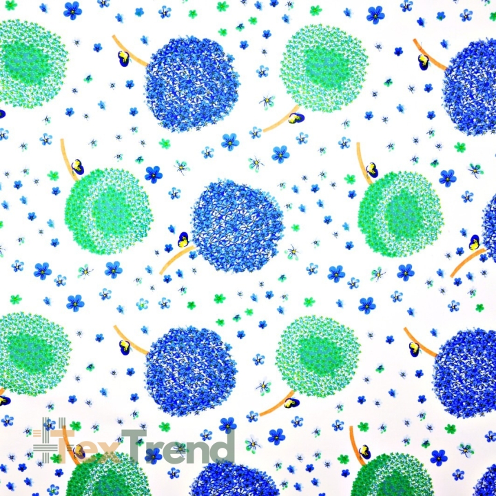 Baumwolle 100% Pusteblumen grün-blau auf weißem Hintergrund  