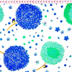 Baumwolle 100% Pusteblumen grün-blau auf weißem Hintergrund  