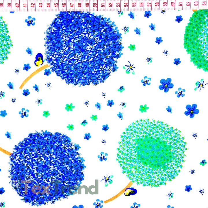 Baumwolle 100% Pusteblumen grün-blau auf weißem Hintergrund  