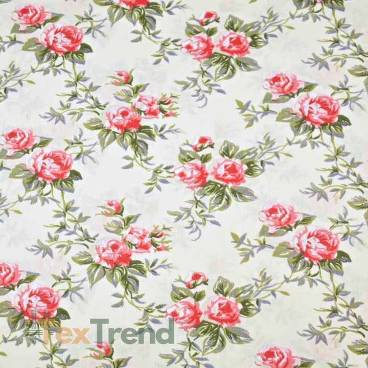 Baumwolle 100% Rosenblüten rosa auf ecrufarbenem Hintergrund  