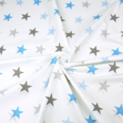 Baumwolle 100% Sterne STARSY grau-blau auf weißem Hintergrund  