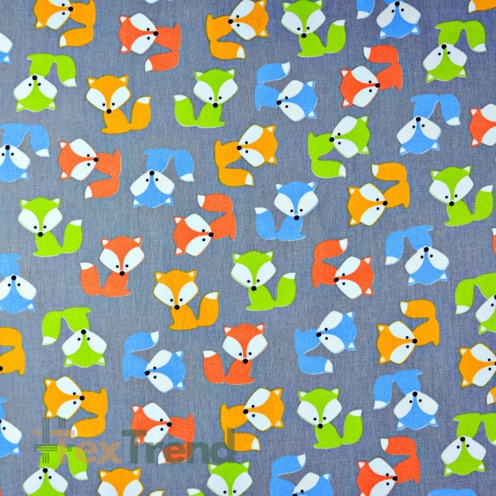 Baumwolle 100% bunte Füchse auf grauem Hintergrund  