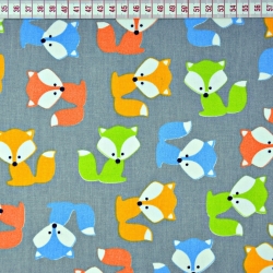 Baumwolle 100% bunte Füchse auf grauem Hintergrund  