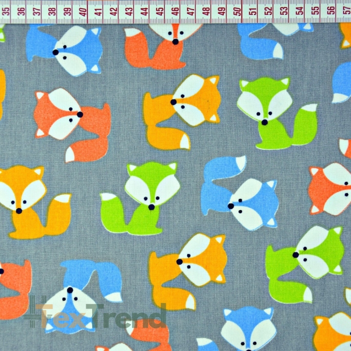 Baumwolle 100% bunte Füchse auf grauem Hintergrund  