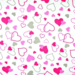 Baumwolle 100% Herzen LOVE rosa-grau auf weißem Hintergrund  