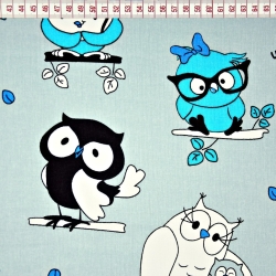 Baumwolle 100% verrückte Eulen blau auf grauem Hintergrund  