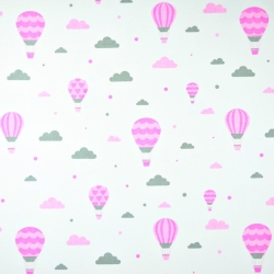 Baumwolle 100% Wolken mit Luftballons rosa-grau auf weißem Hintergrund  