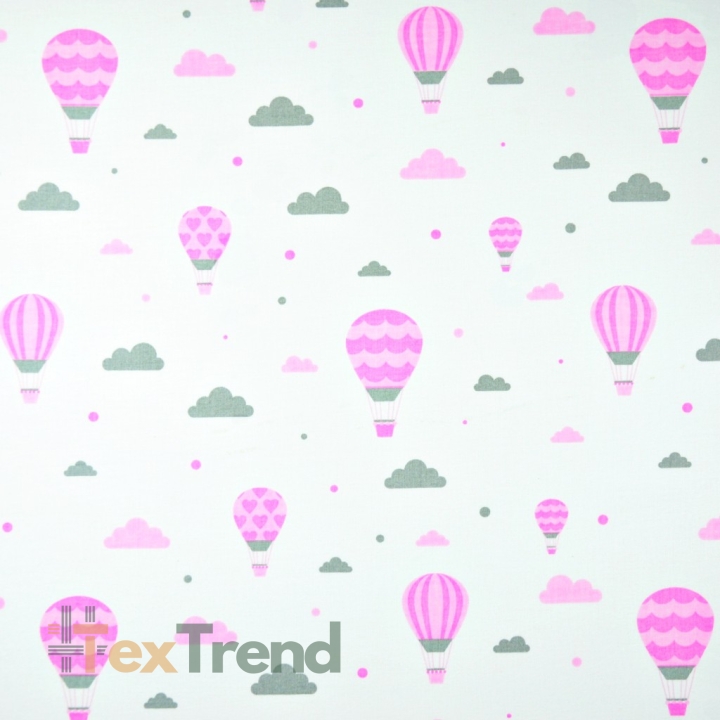 Baumwolle 100% Wolken mit Luftballons rosa-grau auf weißem Hintergrund  