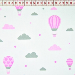 Baumwolle 100% Wolken mit Luftballons rosa-grau auf weißem Hintergrund  