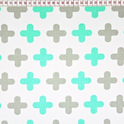 Baumwolle 100% Pluszeichen grau-minze auf weißem Hintergrund  