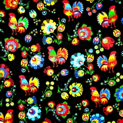 Baumwolle 100% Muster Hähne Łowickie schwarzer Hintergrund  